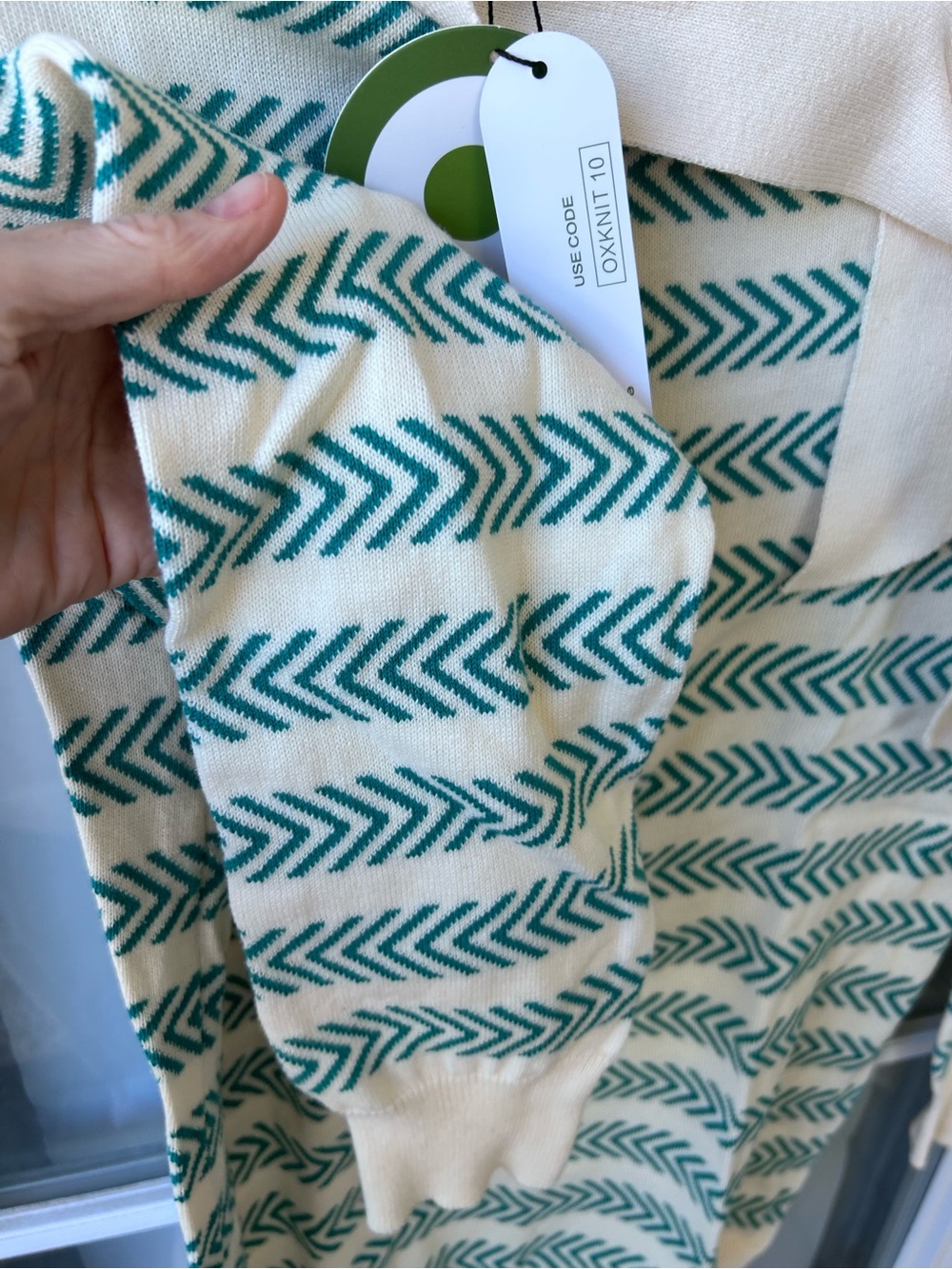 Oxknit new nwt Cream & Teal Striped Tie-Neck Sweater small - Picture 2 of 4